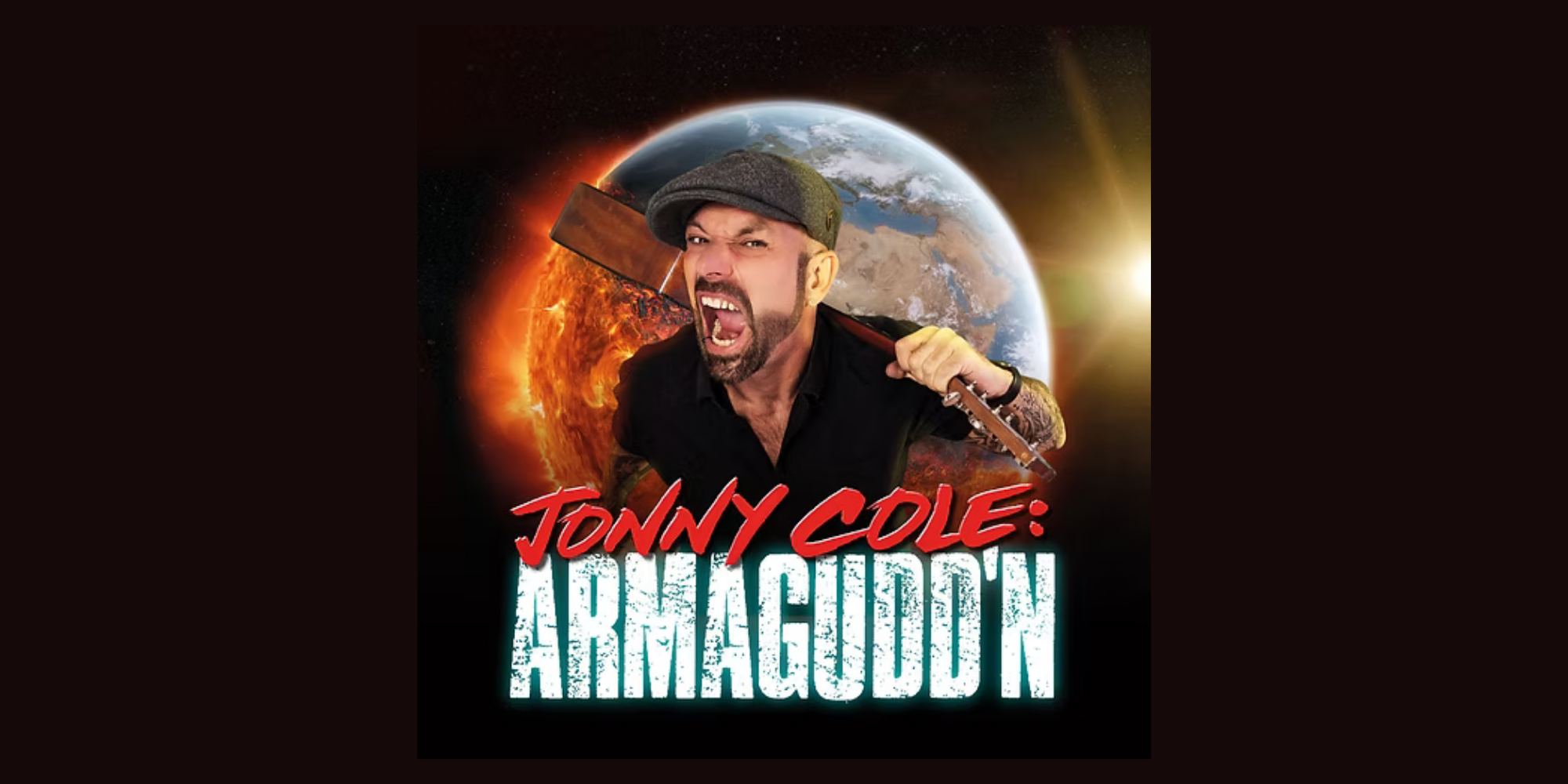 A man in a flat cap poses angrily with his mouth open and with a guitar over his shoulder. Behind him is an image of the world with half of it on fire