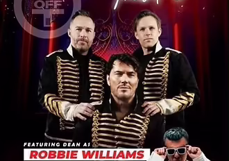 3 men in black marching band style outfits stand together. Towards the bottom a man dressed all in white poses with his sunglasses