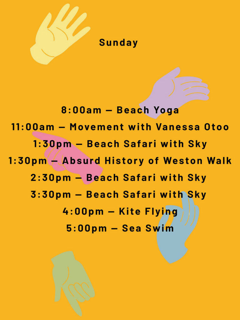 Yellow poster with five coloured hands and black text outlining times of events at an arts & health festival