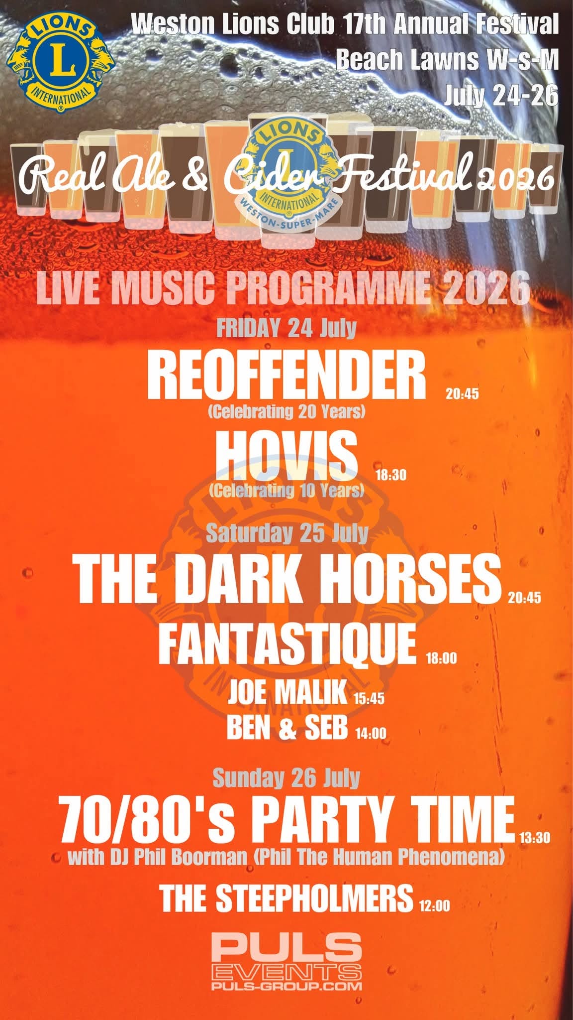 At the top are a line of beers in cups, below is text on the music line up