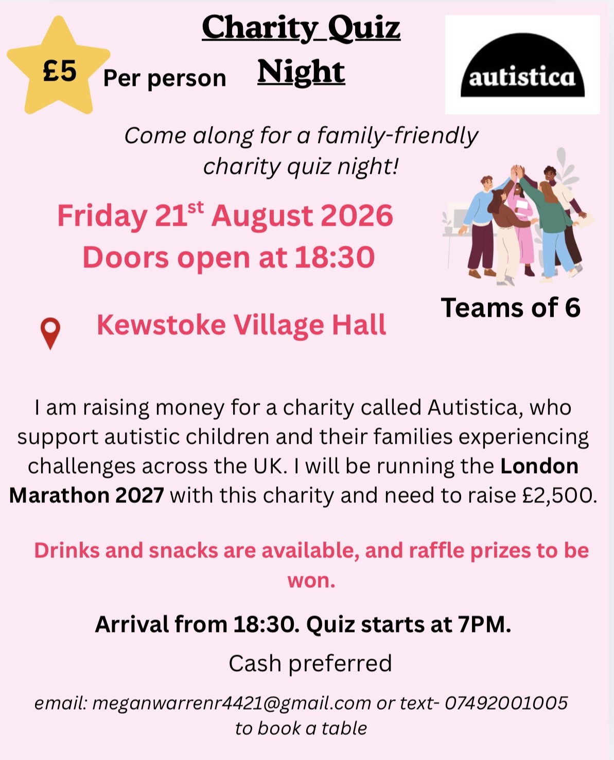 On a pink background, black text describing the event