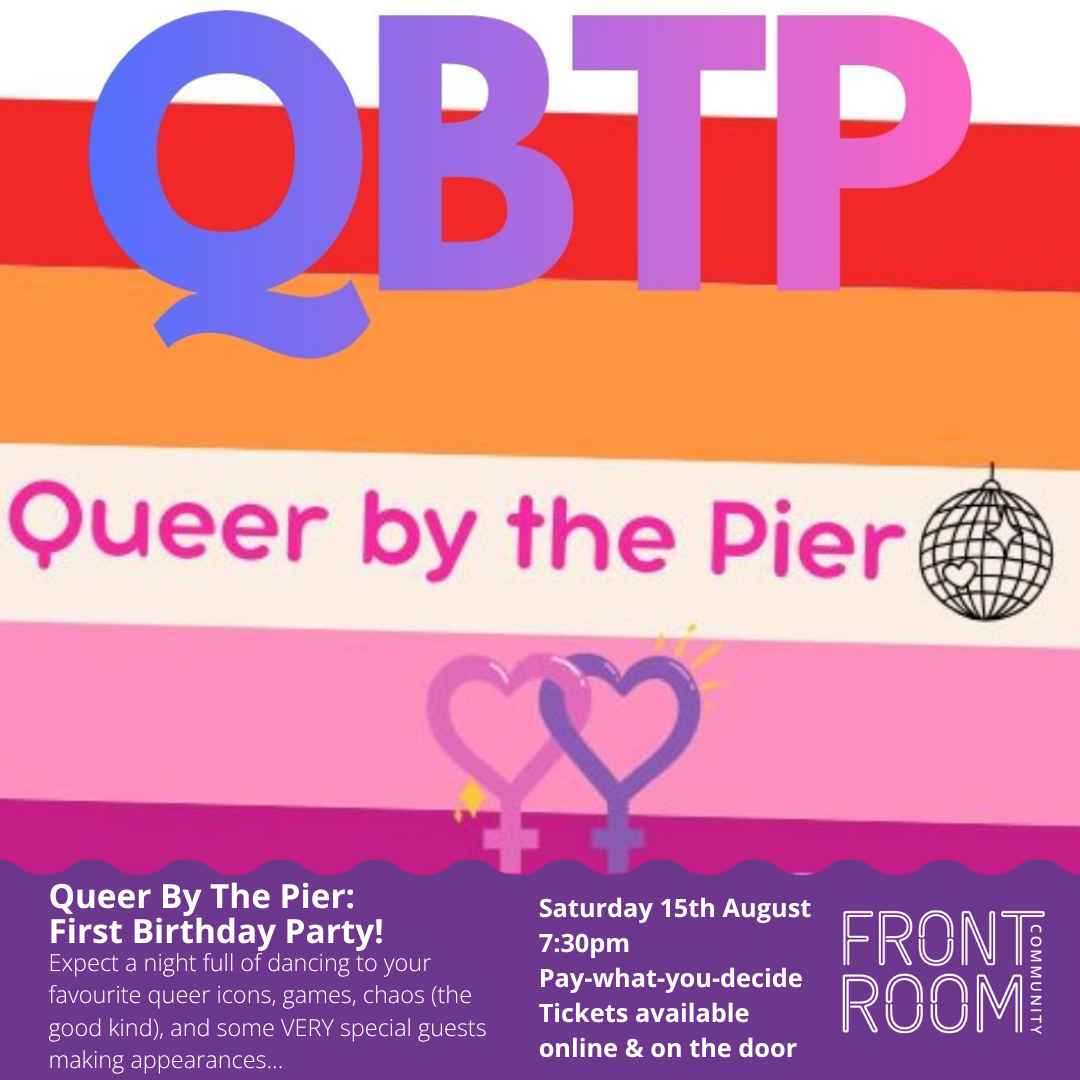 On a Lesbian flag background is the text Queer by the Pier with a disco ball and two female icons with hearts