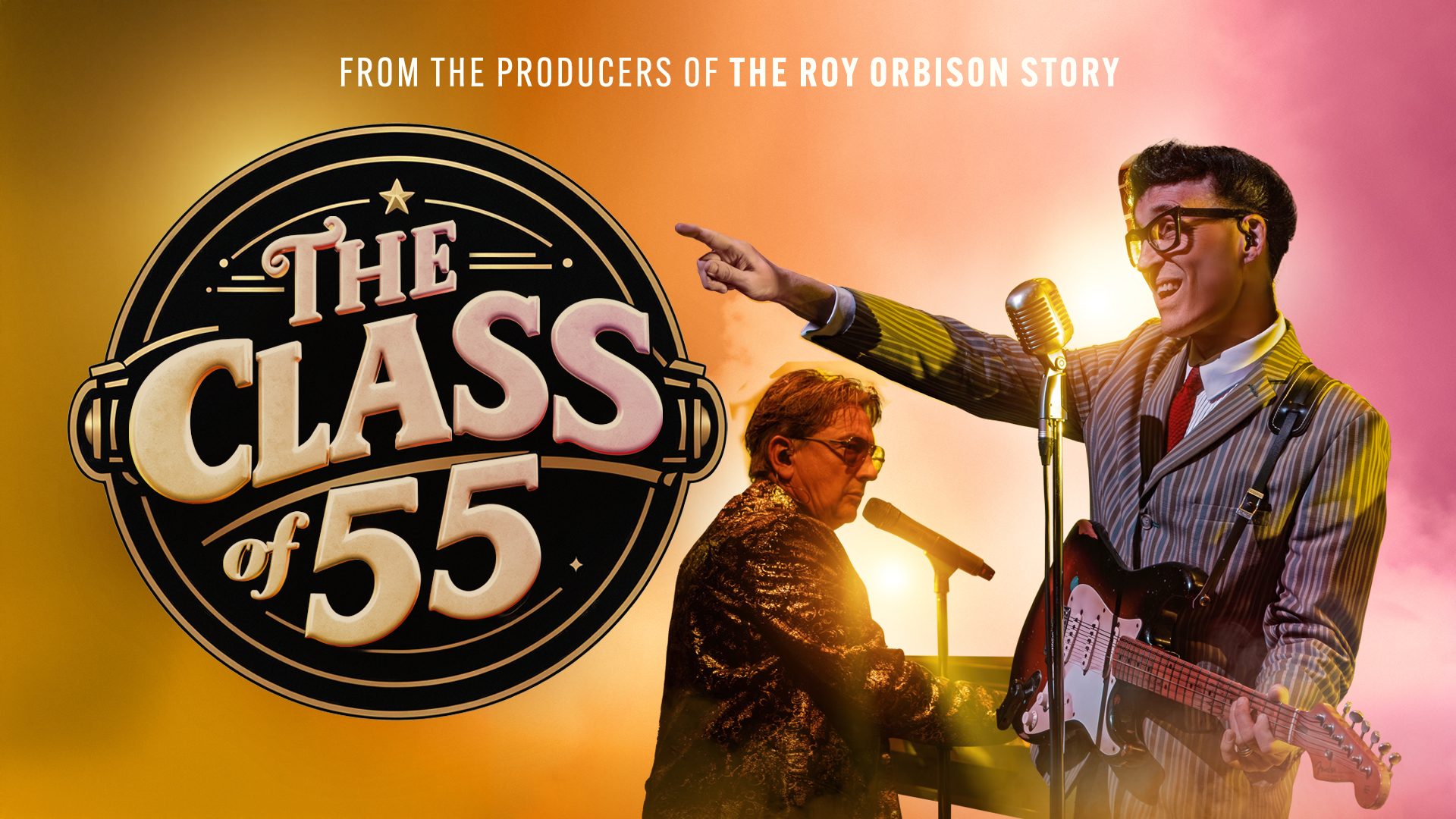 On the left hand side is a 'Class of 55' logo of text over a black circle. To the right a man in a grey suit stands behind a microphone stand with a guitar, and holds his arm up. Behind a man sits at a paino behind a smaller microphone stand