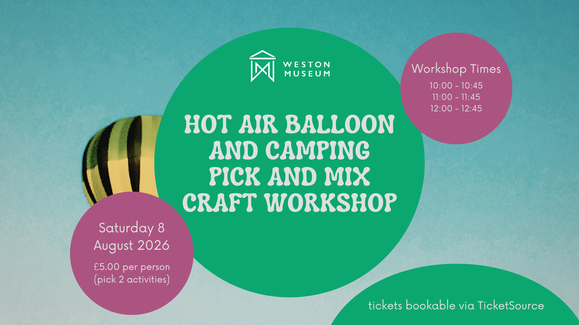 A black and yellow stiped top of a hot air balloon on a bright blue sky. In front details of the event, like workshop times