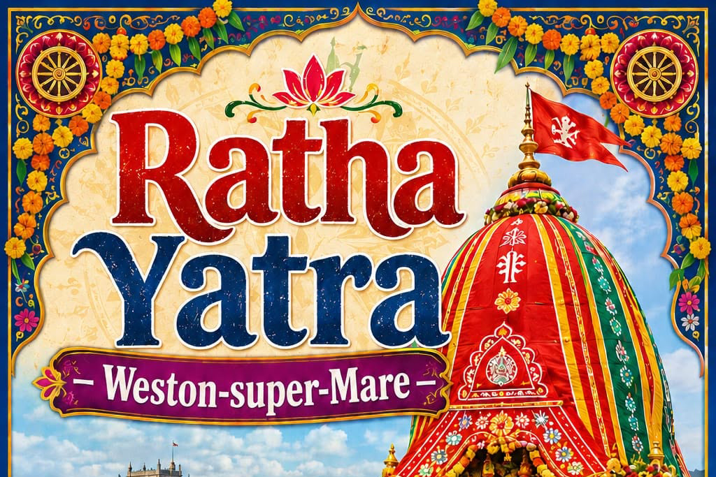 Colourful poster featuring the top of a largely red tent with a golden spire and red flag. The poster also features the words Ratha Yatra Weston-super-Mare