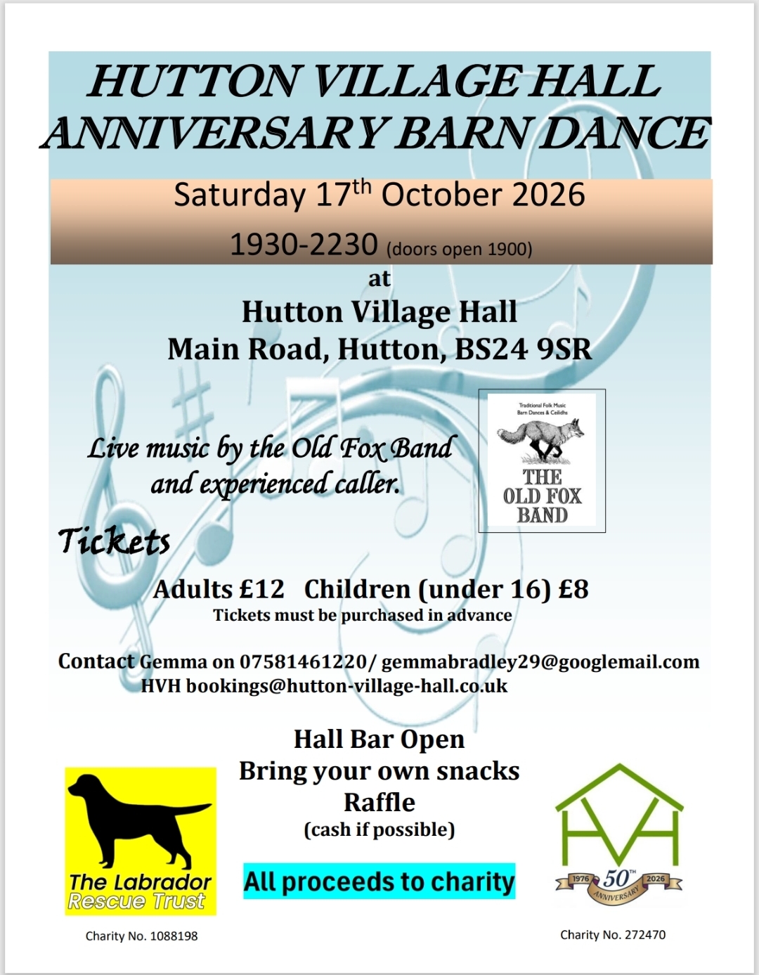A classic clip art style poster with music notes in the background and text describing the event