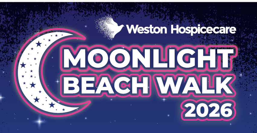 An illustration of a half moon, with the text Moonlight Beach Walk