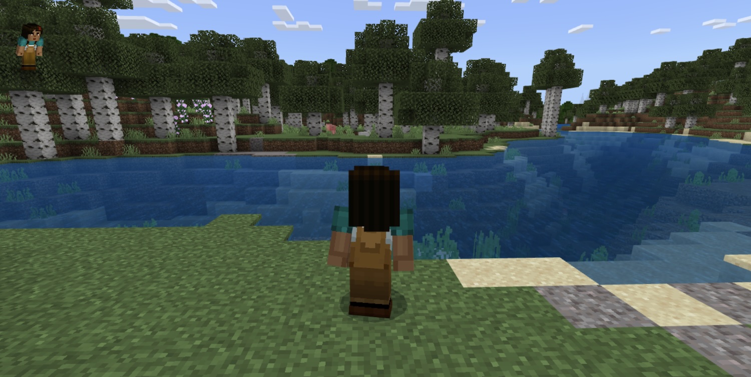 A screenshot from Minecraft - a block forest with a stream and person stood in front of it