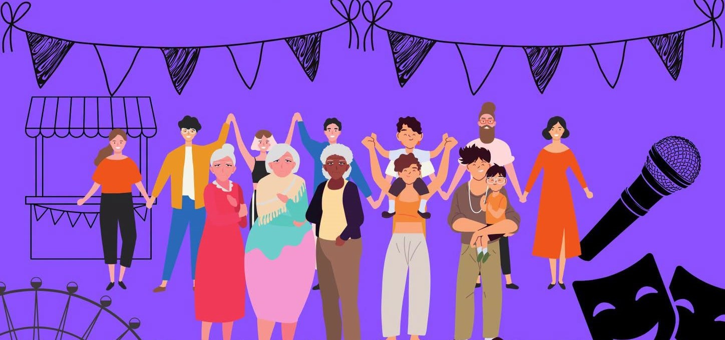 An illustration of a group of people of all ages, holding hands, Above bunting and to the side a microphone