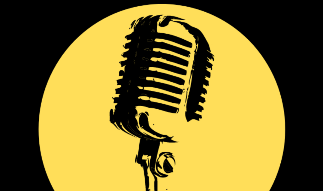 An illustration of an old style microphone silhouetted in black against a yellow circle