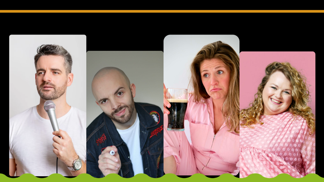 Across four rectangular sections we see the comedians in their headshots, posing with a microphone or a pint