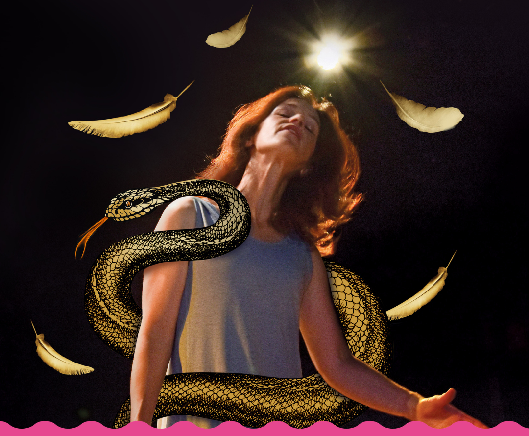 In a dark room a woman sways to to the side, with a snake wrapping around her. Feathers float around